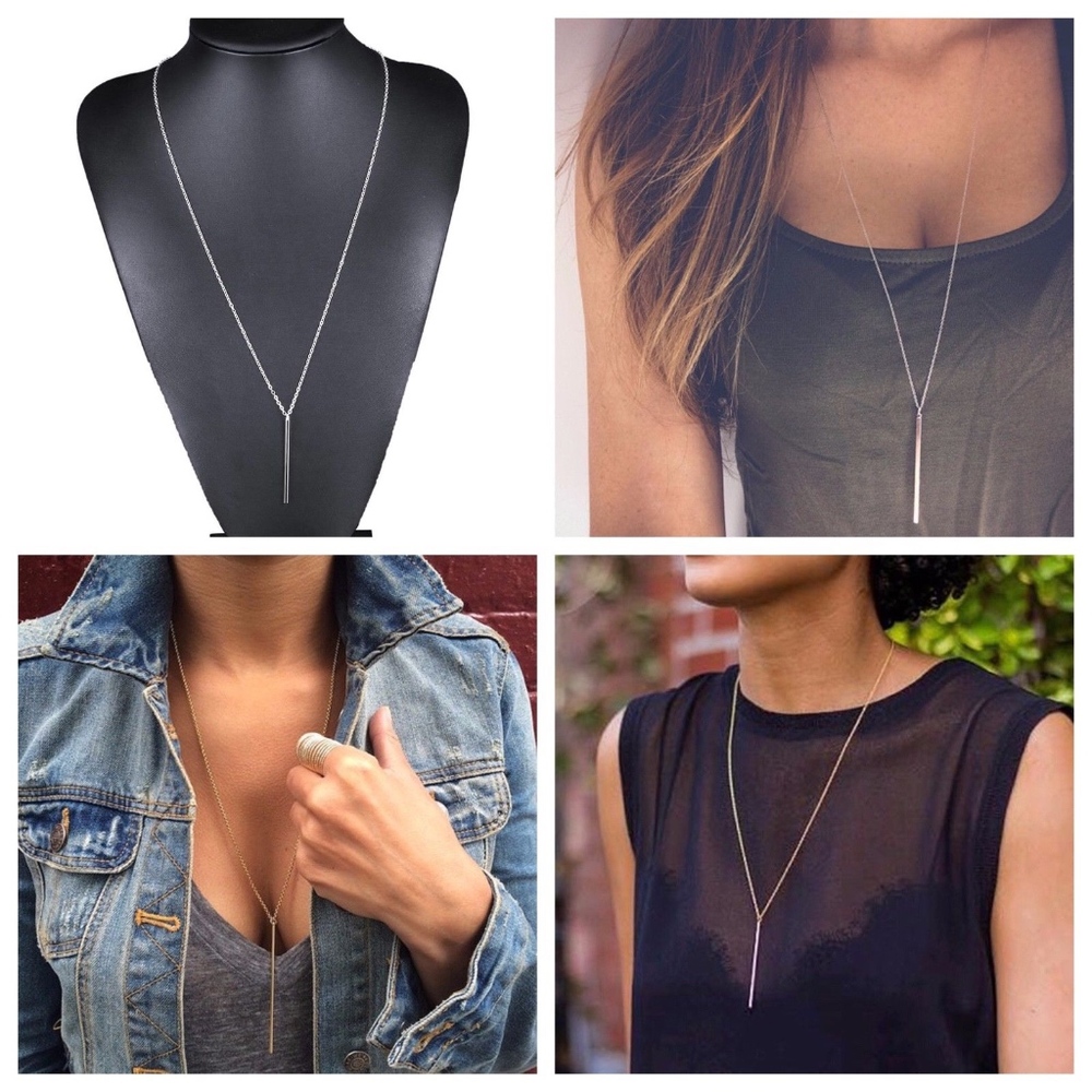 Lariat Bar Pendant Long Necklace in Silver or Gold